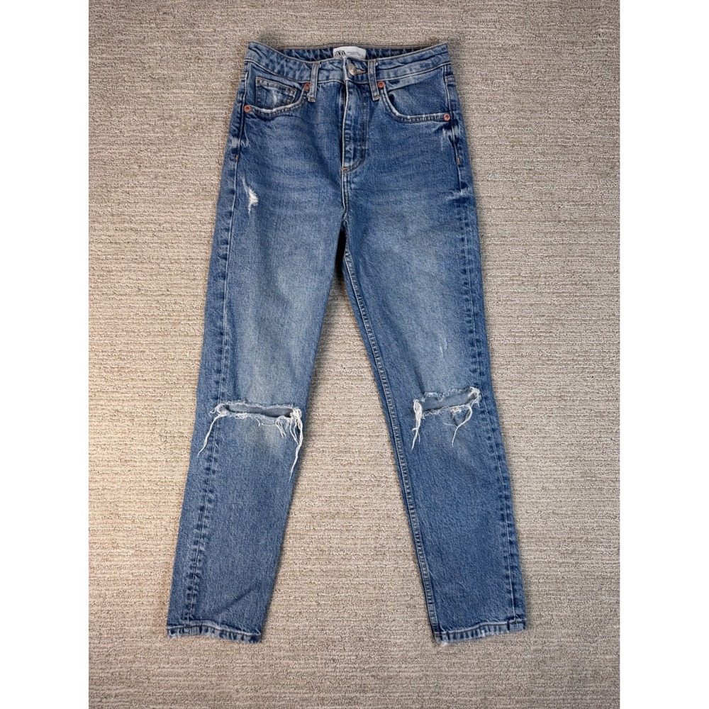 Zara High Waisted Straight Leg Distressed Jeans Blue Size 2 US 34 EUR